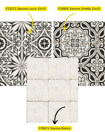 Bodenfliesen mit Orient Muster Schwarz Weiß| Savona Lucca 15x15