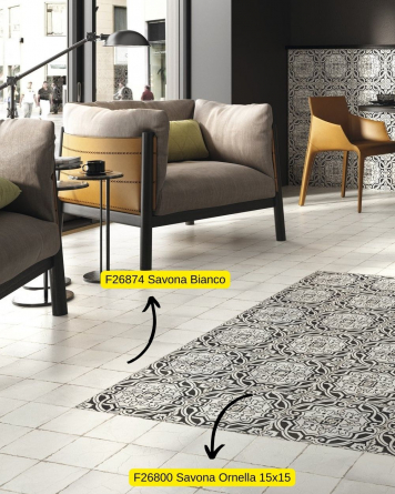 Floor tiles with Orient pattern Black White| Savona Ornella 15x15
