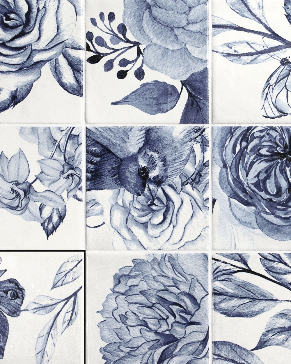 White Wall tiles with blue Flowers motif bathroom  | kitchen tiles square | Floris Ice White Mix 12.4x12.4