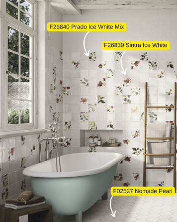 Weiße Wandfliesen mit Blumenmotiv Bad | Küchenfliesen Quadratisch | Prado Ice White Mix 12,4X12,4