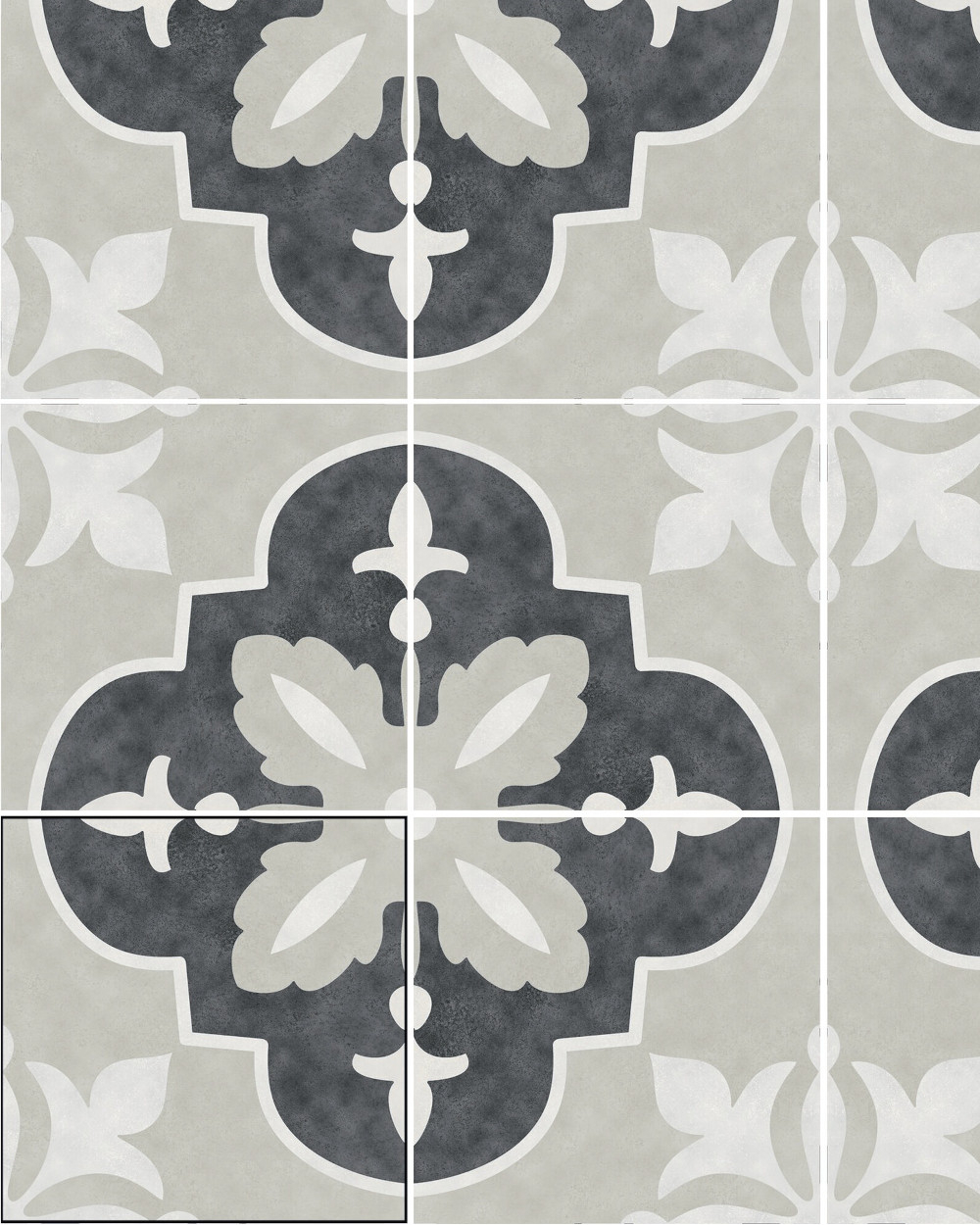 Motif tiles with art nouveau motif Black White | NORA COAL 15X15 cm