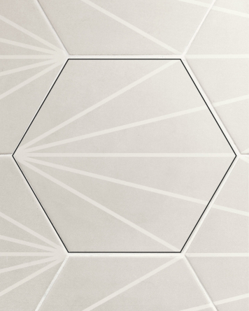 Sun Hexagon tiles Pearl 23x26cm with a white sunray motif  | Floor and wall tiles hexagon pearl grey