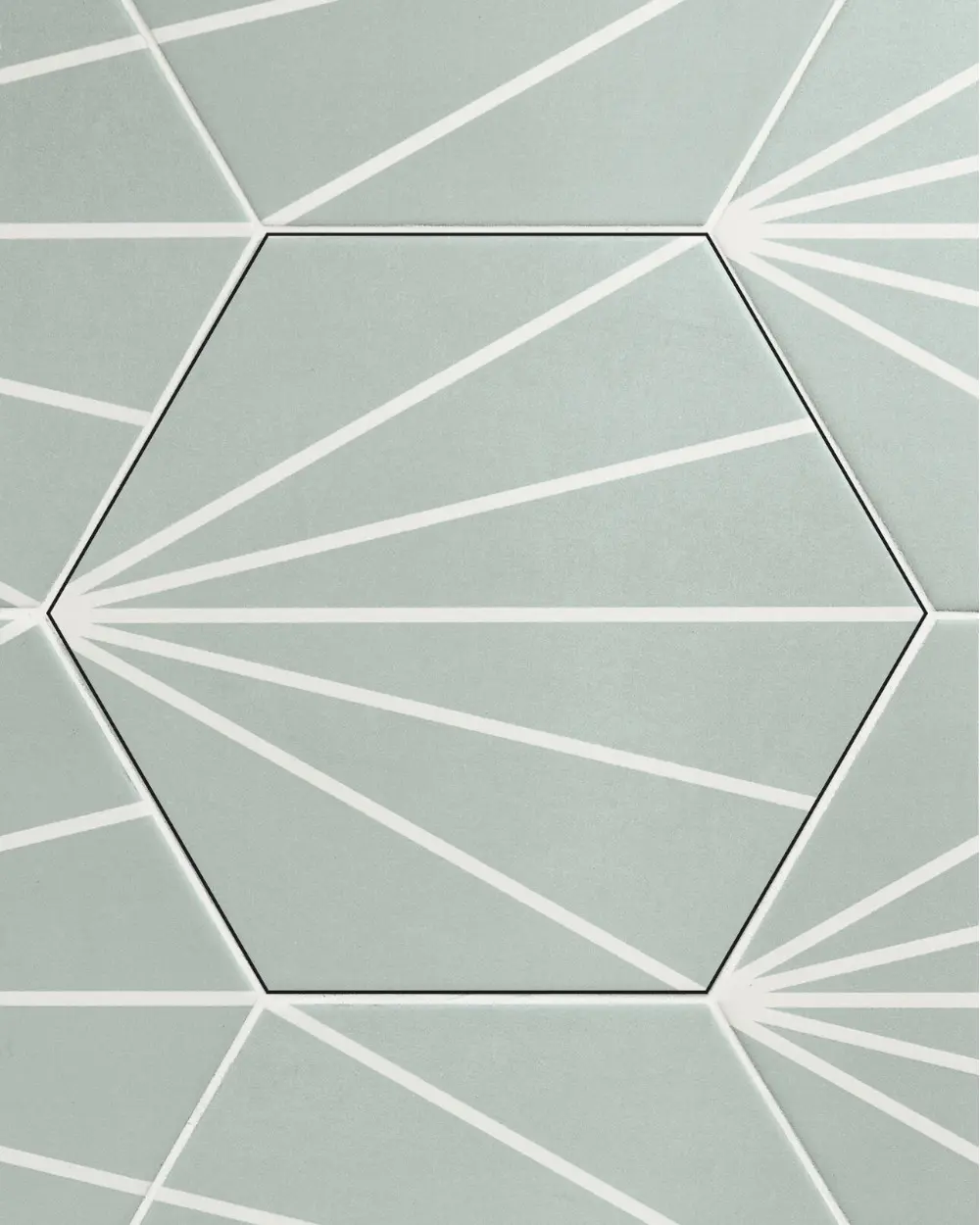 Sun Hexagon Fliesen Mintgrün 23x26cm mit weißen Sonnenstrahlen als Motiv